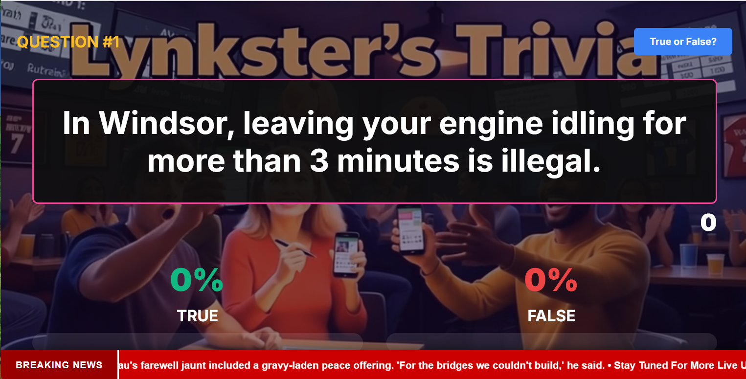 Live trivia game on big screen TV in bar with players using their phones